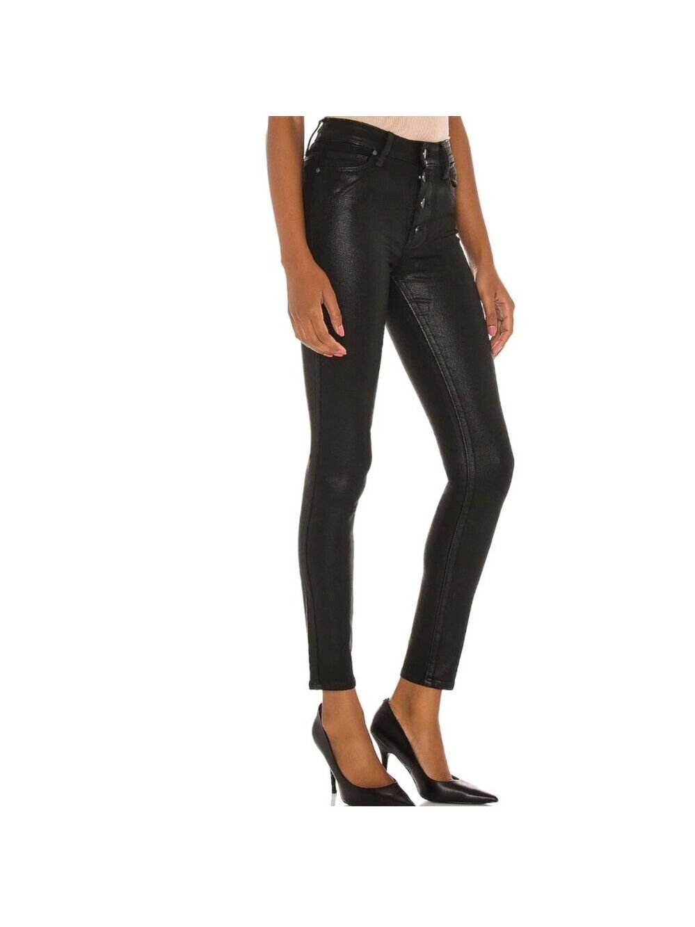 Paige Hoxton Ultra Skinny Exposed Buttonfly Black Fog Luxe Coated Size 28
